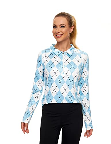 Womens Golf Shirts Long Sleeve Polo Shirt Half Zip Golf Pullover Athletic Tennis Shirts Moisture Wicking Tops Blue Plaid #TOP5