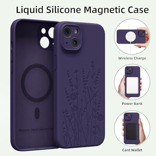 OAOA Magnetic Engraved Case Compatible with iPhone 15 Case, Compatible with Magsafe, Camera All-Round Protection, Slim Liquid Silicone Phone Case for Women Girls, Purple Flower by OAOA - Image 3
