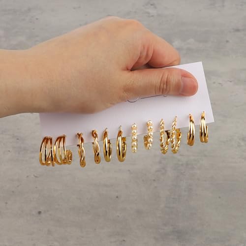 6 Pairs Gold Hoop Earrings for Women, Hypoallergenic Twisted Statement Earrings, Fashion Large Pearls - Beautifully Decorated for Birthday Parties（Style 2）