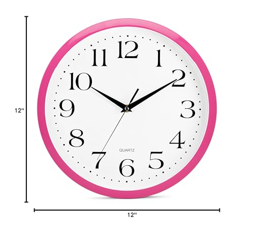 Image of Bernhard Products Pink Wall Clock 12 inch Silent Non Ticking Battery Operated Quartz Easy to Read Round Classroom Home Decor for Kids Playroom Baby Room Nursery Fun