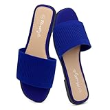 Herstyle Flat Sandals for Women, Knit Slide Sandals, Square Open Toe Slip-On, Dressy Casual Fashion Summer Shoes with Memory Foam for Travel & Vacation, RoyalblueKN, Size 9.0, Melvin
