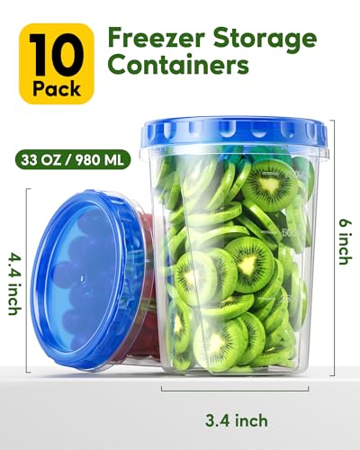 Canfanni 10 Pack-33oz Freezer Storage Containers Set, Plastic Food Storage Containers with Twist Top Lids, BPA Free Stackable Soup Containers for Overnight Oats/Salad/Leftover/Soup/Ice Cream #1