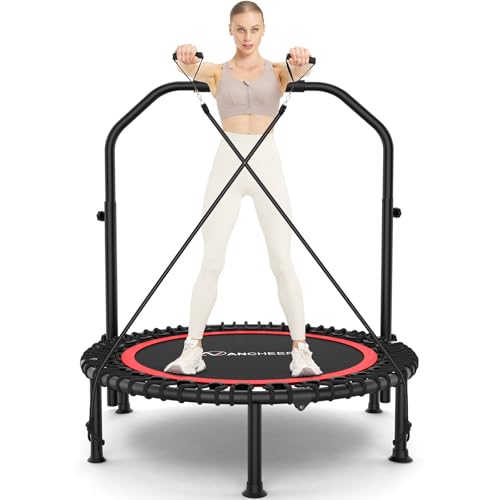 Image of ANCHEER 40 inch /48 inch Foldable Mini Trampoline,Max Load 450lbs /550lbs Indoor Trampoline,with 4 Level Adjustable Foam Handle and Resistance Bands,Adult Exercise Trampoline for Home, Garden, and Gym