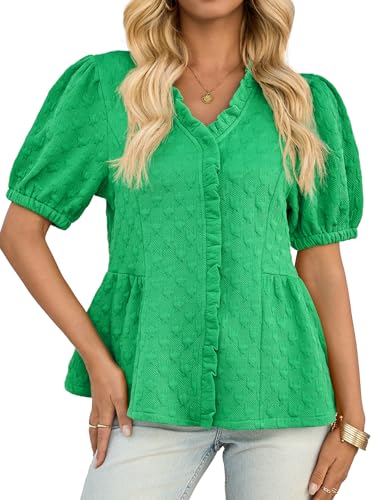 Cicy Bell Womens Peplum Puff Sleeve Tops Dressy Casual Summer Textured Blouses V Neck Ruffle Pleated...