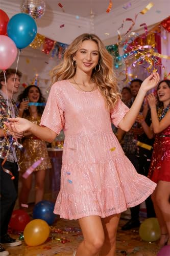 Image of MAYSTEPPE Sparkly Glitter Dress, Sequin Babydoll Summer Dress Short Flowy Tiered Tunic Dress for Women Party Club Night