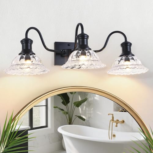 Image of Vintage Bathroom Light Fixtures, 3-Light Matte Black Vanity Light with Flower Glass Shade, Bathroom Lighting Fixtures Over Mirror for Bedroom, Dressing Table