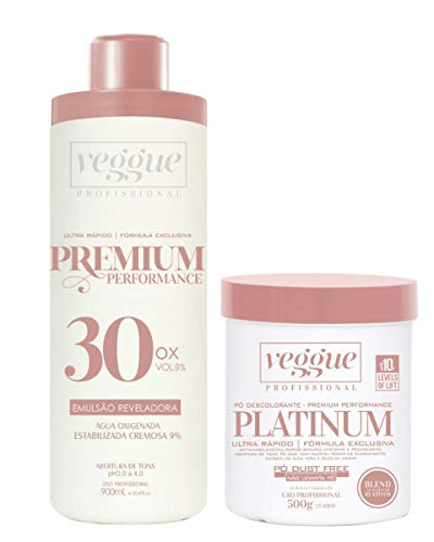 Kit Água Oxigenada 9% 30 Volumes 900ml e Pó Descolorante Platinum Ultra Rápido Veggue Profissional 5