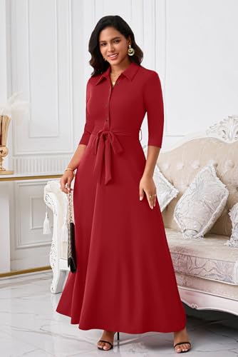 Image of Runwind Women Church Maxi Dresses 3 /4 Sleeve Button Down Print Casual Office Dress African