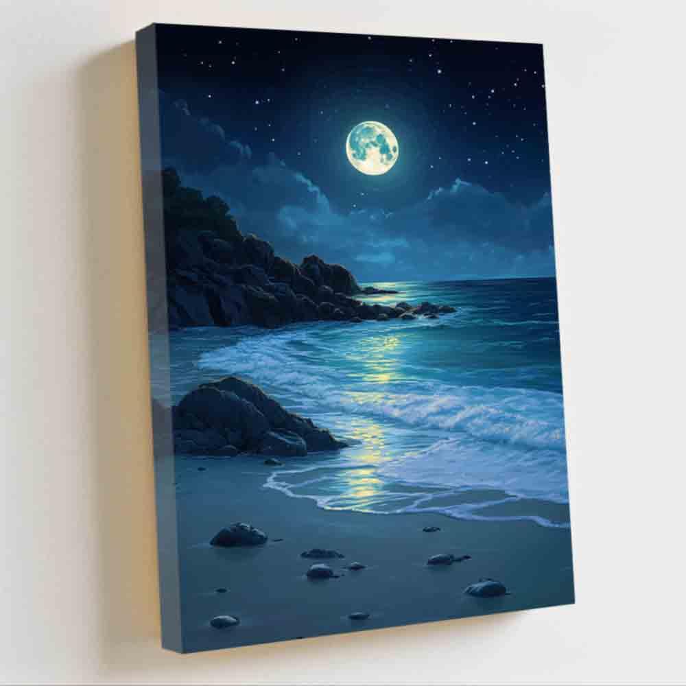 ZQQART Moon Canvas Wall Art Blue Moonlight Ocean Beach Seascape Painting Beach Landscape Pictures Coastal Bedroom Decor for Bedroom Living Room (navy,16W x 20L)