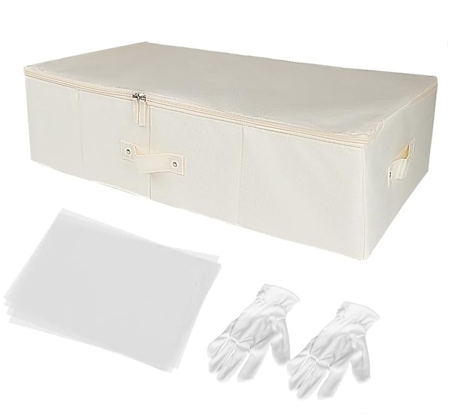 LAARIA Wedding Dress Preservation Storage Box: Bridal Gown Storage Bin with 30Pcs Acid Free Tissue Paper - Beige Preservation Box Underbed Storage Container