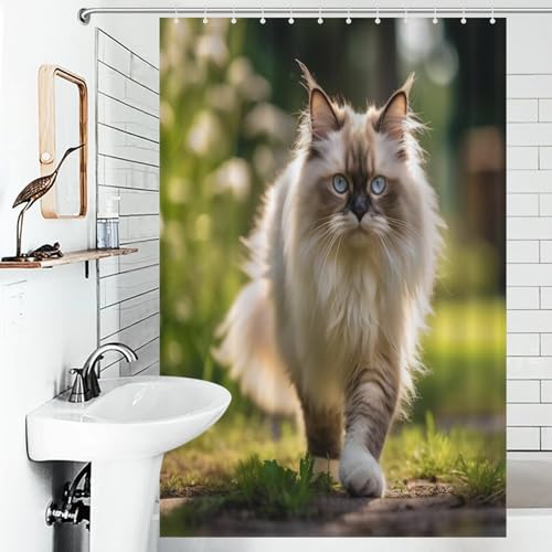 Rideau de douche chat mignon en polyester lavable et imperméable de 122x183cm - 6