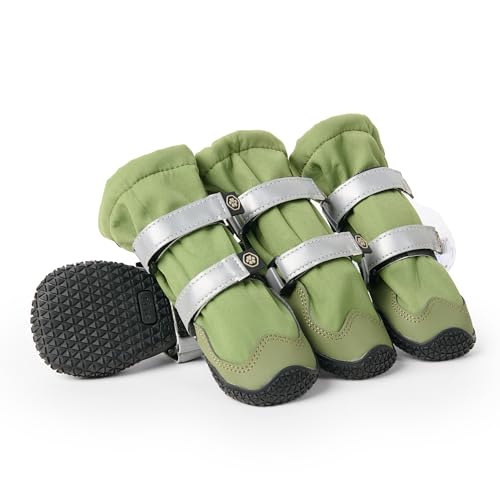 Spark Paws Dog Rainboots, Waterproof Dog Shoes for Medium to Large Dogs, Non Slip, Dog Booties and Paw Protectors - 4PCS Doggie Hiking Boots with Reflective Straps - Green, Size 1