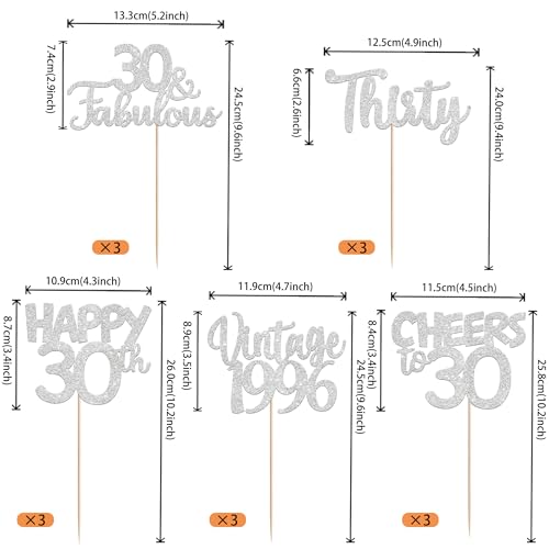Image of 15 PCS 30th Birthday Centerpiece Sticks Thirty Happy 30 Vintage 1996 Table Flower Centerpieces Sticks Cheers to 30 Fabulous Floral Decorations for 30th Birthday Party Supplies Silver