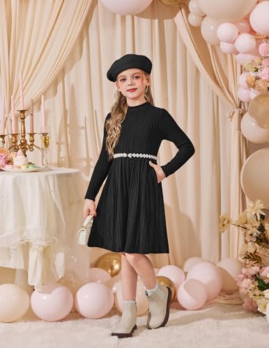 Image of Arshiner Girls Dresses Long Sleeve A Line Knit Sweater Dress with Pockets