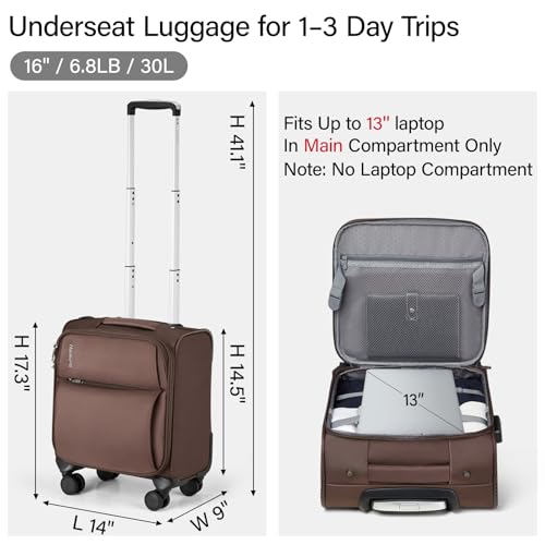 Image of Hanke Softside Expandable Luggage 16 /20 /24 /28 Inch Carry On Luggage for Travel Checked Luggage Suitcases with Wheels & TSA Luggage Large Suitcase, Coffee, 16-Inch Underseat, Underseat Carry on Luggage