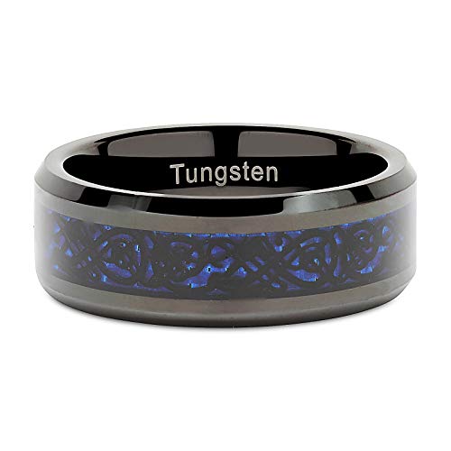100S JEWELRY Tungsten Rings for Men Wedding Band Black Plated Celtic Dragon Inlaid Size 8-154