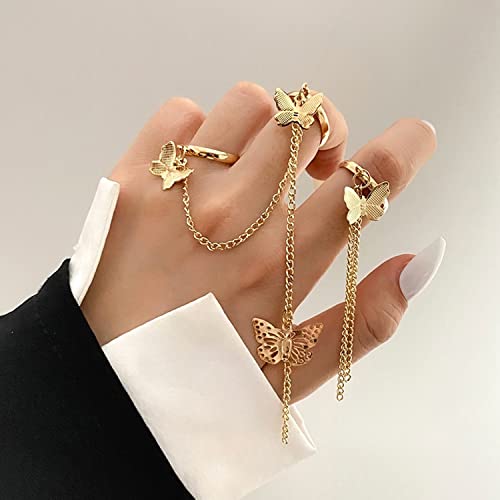 Butterfly Chain Rings Set Plated Toned