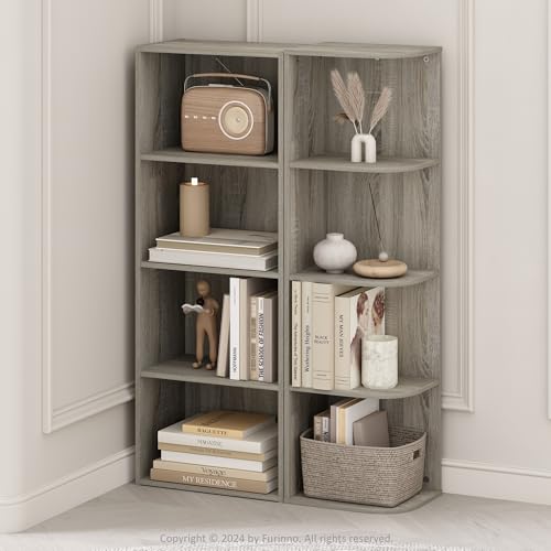 Image of Furinno Reed Corner Shelf, 4-Tier Corner Bookshelf, Book Shelf, Corner Shelves, Storage Rack, for Organization and Storage, Home Office, Living Room, French Oak