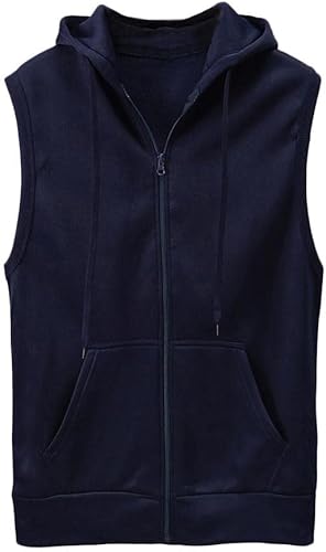 Sudadera con capucha y cremallera para hombre, sin mangas, de algodón, con corte de vellón, bolsillos, cordón ajustable, camisetas deportivas sólidas