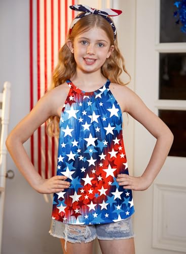 Image of BesserBay Girls Summer Back Button Halter Neck Tank Top Cold Shoulder Casual Blouse Pleated Sleeveless Shirts 5-14 Years