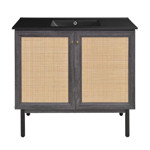 Image of Swiss Madison Classe 36 in. Black Oak Bathroom Vanity with Black Ceramic Sink Top
