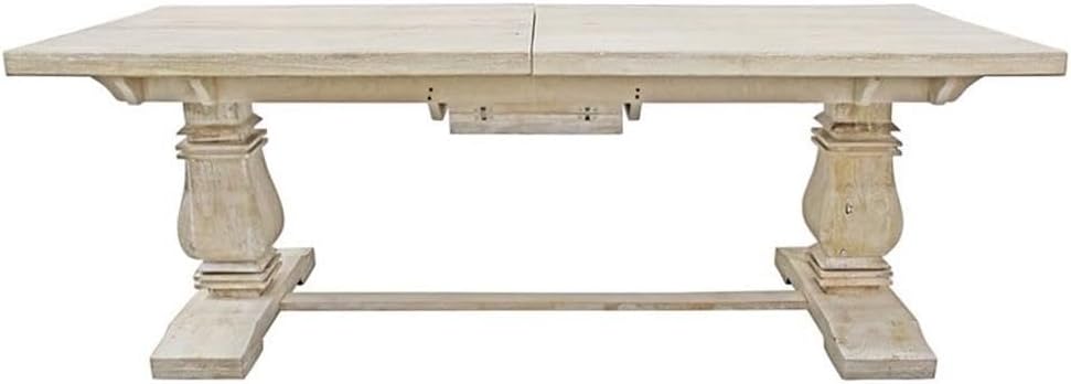 Pemberly Row Extension Dining Table, Mango Solid Wood, Distressed White Wash Finish, 32"H x 90"W x 39"D, Hand-Carved Legs, Butterfly Leaf, Rustic Farmhouse Style Seating for 8-10, Dining Room Table