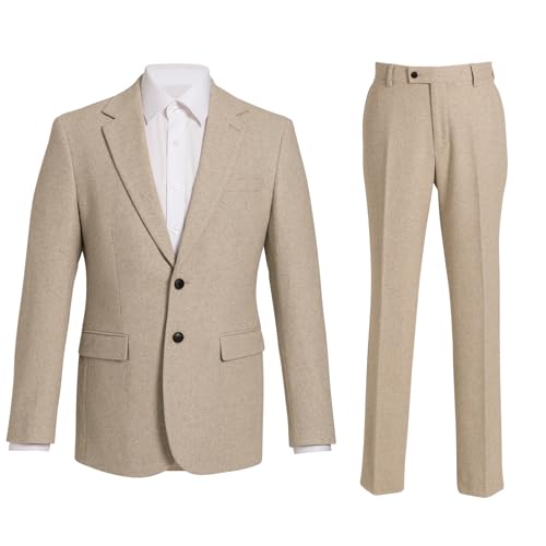 Dobell Mens Stone Twill Tweed 2 Piece Suit Regular Fit Wool Blend (48R Jacket with 42R Trousers) Light Brown