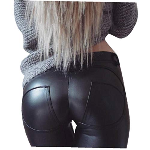xuew Los Pantalones de Yoga de Ajuste a Sexy PU elástico Flaco Empuje de Las Polainas de Las Mujeres Pantalones Negro (M)