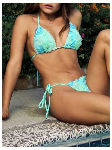 MakeMeChic Women's 2 Piece Bikini Set 3D Flower Halter Triangle Tie Side Bathing Suit3