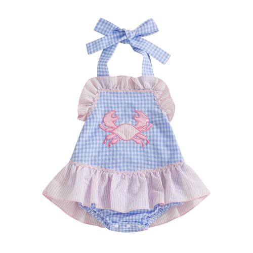 Image of SHUING Baby Girl Crab Outfit Crawfish Embroidery Sleeveless Plaid Romper Dress Halter Ruffle Bodysuit Newborn Summer Clothes