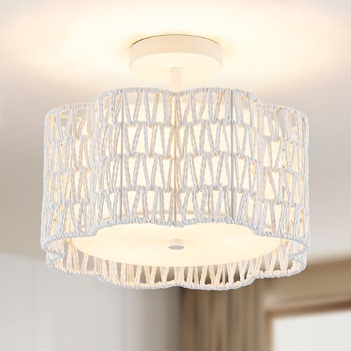 Tbaoinla✿ 13.8＂ Handwoven Rattan 3-Light | White Boho Flush Mount for Small Bedroom & Nursery, Midnight Blossom Woven Ceiling Light, Natural Fiber Bedroom Fixture, Low Profile Rattan Lighting