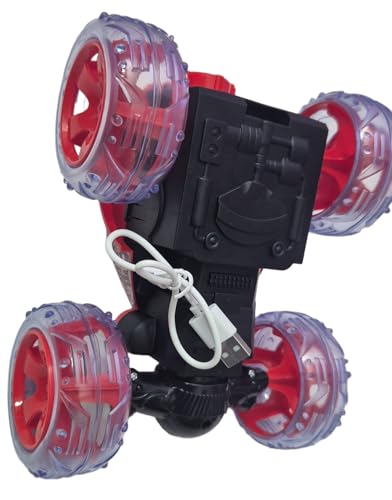 Image of Rechargeable 360 Stunt RC Car - Red High-Speed Remote Control Car with LED Lights & USB Charging - 4WD Tornado Spin & Flip Toy for Kids