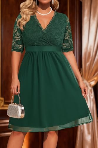 Image of Pinup Fashion Plus Size Lace Chiffon Wrap V Neck Dresses Women Cocktail Wedding Guest Midi Dress