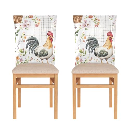 YETTASBIN Watercolor Rooster Chair Back Cover Set of 2, Decorative Chair Slipcover Removable Washable Seat Back Protector with Tie Rope for Dining Room, Classroom, Holiday Party Home Decor