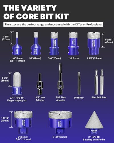 Image of 14 PCS Diamond Hole Saw Kit with Pilot Bit Adapter, 1 /4 inch - 2 1 /2 inch Thickened Core Drill Bit Set, Includes Tile Shaping Cone & Diamond Saw Blade, for Porcelain, Ceramic, Granite, Marble, Stone