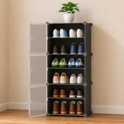 Image of Plastic Shoe Rack for Home with Door | 6-Shelf DIY Shoe Cabinet Organiser | Stores 12 Pairs | Foldable & Waterproof Shoe Stand for Entryway, Bedroom (Grey, 3-Door)
