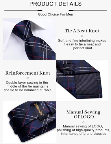 Image of DiBanGu Mens Silk Plaid Tie and Pocket Square Set | Elegant Silk Formal Tie Set, Woven Check Necktie and Cufflinks Tie Clip Set, Perfect for Wedding Party, Comes in Gift Box