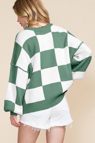 Image of Women's Casual Crew-Neck Long Sleeve Sweater Checkered Pullover Knit Sweaters Jumper Top