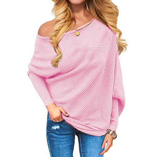 VOIANLIMO Women s Off Shoulder Knit Jumper Long Sleeve Pullover Baggy Solid Sweater (X-Large, Pink)