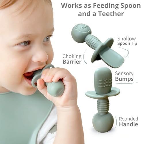 Image of FiABLE Pure Silicone Baby Spoons - 6M+ Feeding Spoon | Baby weaning Spoon | BPA Free, Non-Toxic Food Grade Chewable Teether, Soft Gum-Friendly - Set of 2 Blue&Green