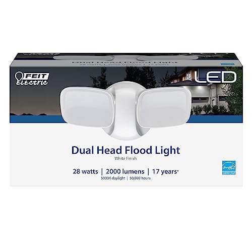 Feit Electric LED Security Light Outdoor, 28W LED Waterproof Flood Light, 2 Head, Wall Mount, Switch Operated, 2000 Lumens, 5000K Daylight, 50,000 Hour Lifespan, White, S9DFL/850/WH