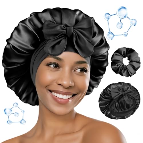 BONNET QUEEN Gorro de Seda para Dormir para Mujeres con ÁCIDO HIALURÓNICO Gorro de Satén Reversible de Doble Capa para Gorro de Dormir para Pelo Rizado con Scrunchies, Negro