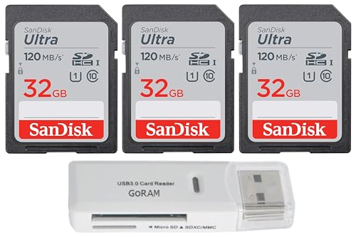 SanDisk 32GB (3 Pack) Ultra SDXC UHS-I Class 10 Memory Card 120MB/s U1, Full HD, SD Camera Card SDSDUN4-032G (3 Pack) Bundle with (1) GoRAM USB 3.0 Card Reader (32GB)