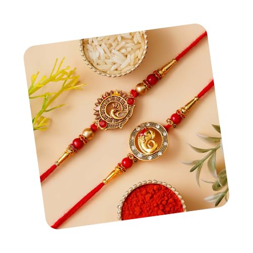 Image of eCraftIndia Multicolor Kundan Designer Rakhis for Brother and Bhabhi | Bhaiya Bhabhi Rakhi Set of 2