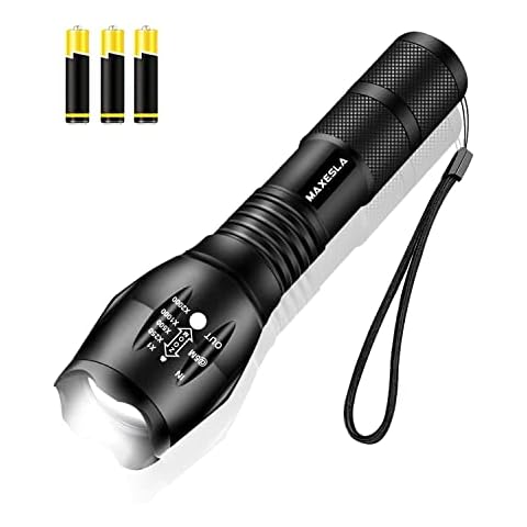 Maxesla LED Torch 2000 Lumens Gifts for Men Dad Kids, Zoomable Torches Led Super Bright Flashlight, Powerful Torches Battery Powered Water Resistant 5 Modes Torch Camping, 3 x AAA Batteries Included Cover