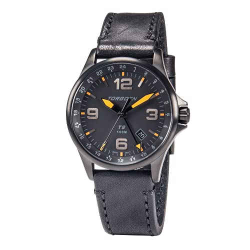 Torgoen T9 Matte Black GMT Pilot Watch for Men, Swiss Quartz, Mineral Crystal with Black Leather Strap