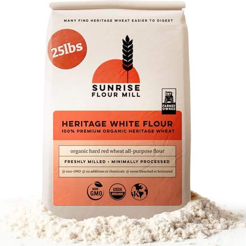 Image of Sunrise Flour Mill Heritage Organic White Flour | USDA Organic All Purpose Flour Unbleached - Non-GMO, Kosher, Grown Without Glyphosate, High Protein for Baking, Unbromated White Wheat (400 Ounce (Pack of 1))