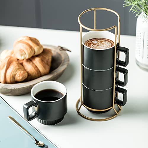 13.5 Oz Coffee Mug Set With Cup Stand Ceramic Porcelain Coffee Mugs For Cappuccino Milk Cocoa, Stacking And Saving Your Countertop, Black Set Of 4 For Christmas #TOP3