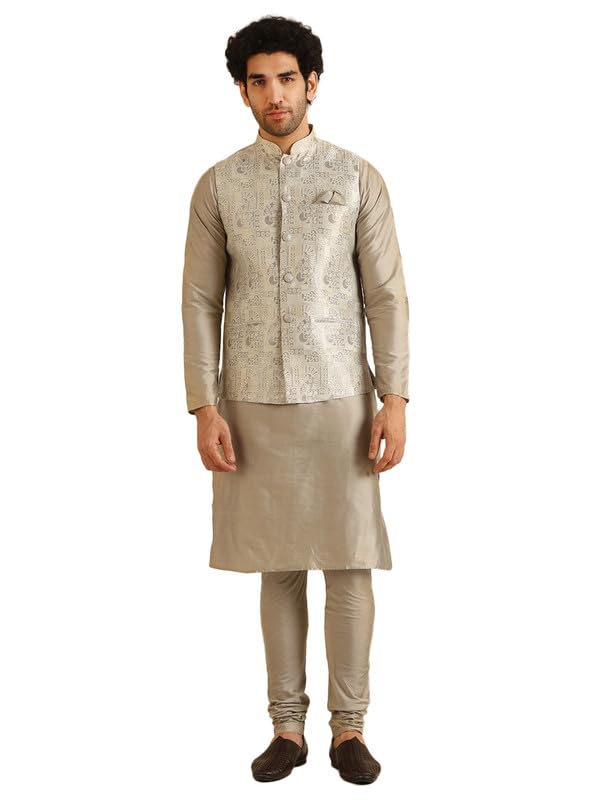 kisah Men's Kurta Jacket Churidar Set, Grey Jacquard, Woven Design Regular Fit Mandarin Collar Long Sleeves-picture-15