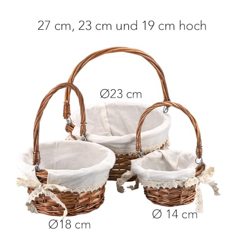 Weidenkörbchen-Set mit Baumwolleinlage, 3 Größen, romantischer Vintage-Look (braun)